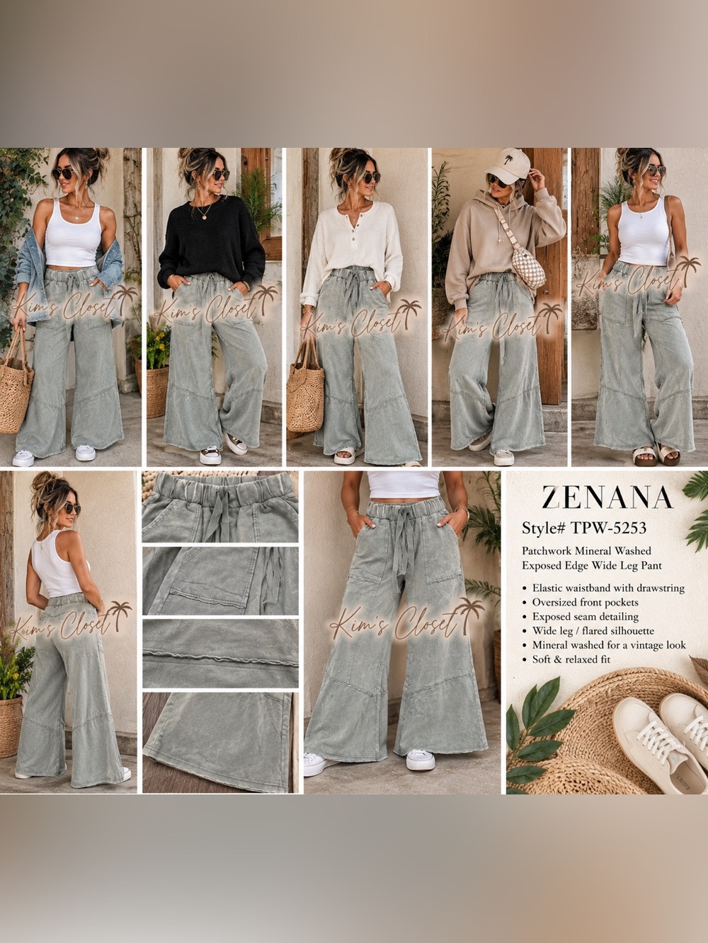 Zenana Patchwork Mineral Washed Exposed Edge Wide Leg Sweat Lounge Pant